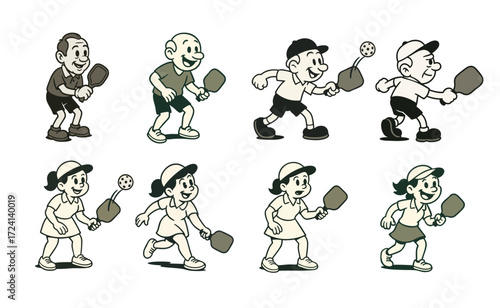 Pickleball players, cartoon vintage style. Retro illustration of pickle ball players.