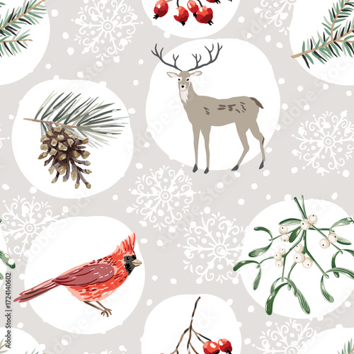 Christmas seamless pattern. Deer animals, cones, pine twigs, cardinal birds, red berries, snow, gray background. Vector illustration. Nature design. Season greeting. Winter forest. Xmas holidays