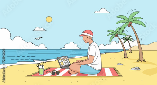 Beach work illustration shows man working on laptop, enjoying tropical atmosphere. Beach work while sipping a cocktail, soaking up sun near palm trees creates perfect work life balance.