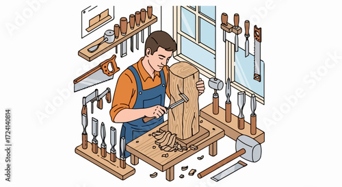 Wood carving project showing craftsman engaged in carving wood, creating sculpture using chisels and various carpentry tools. Detailed wood carving process in workshop.