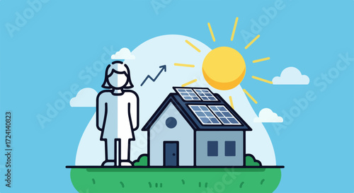 Illustration of solar panels on house roof generating clean power, showing cost savings for homeowner. Solar panels on house reduce carbon footprint, help environment, and promote sustainability.