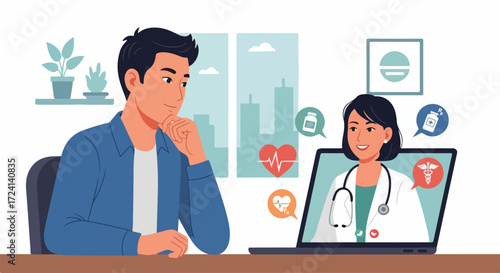 Online doctor consultation with patient seeking virtual medical advice via video call. Online doctor consultation shows physician providing telehealth services and diagnosis during remote session.