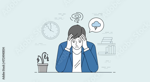 Depressed man in blue suit is experiencing stress. Depressed man sits at desk with wilting plant, hands on head, and storm cloud above, reflecting his stress and despair.