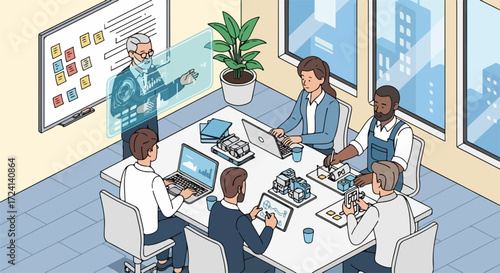 Augmented reality presentation shows a hologram of a senior lecturer during augmented reality presentation. Team meeting with workers during augmented reality presentation in coworking space.