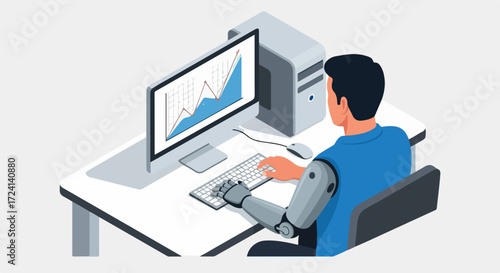 Man with robotic arm performing data analysis on computer, monitoring growth trends. Professional working on comprehensive data analysis using advanced bionic prosthesis for business insights.