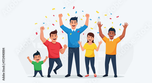 Celebrating success with a group of joyful people raising their hands in excitement under falling confetti illustrates teamwork, and celebration of achievements.