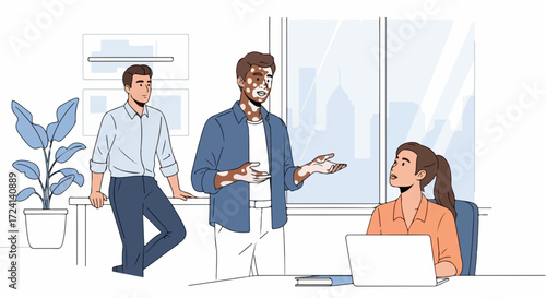 Diverse team collaborating in office setting, with colleagues engaged in thoughtful discussion around desk. Diverse team fosters creativity and innovation,