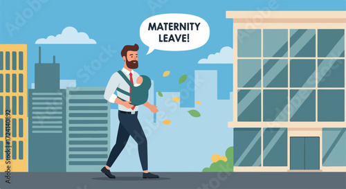 Man on paternity leave carrying baby in sling against cityscape illustration, Paternity leave shows how important supporting families is for new parents.