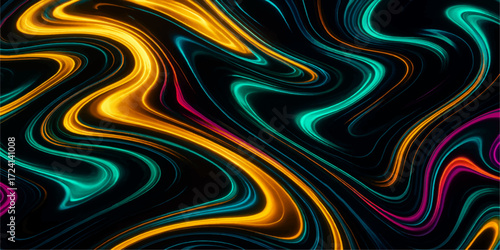An abstract fractal background with a colorful wave pattern of swirling lines, creating a vibrant light vortex illustration