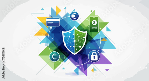 Digital security depicted with shield emblem, credit card and euro symbols for secure transactions. Digital security measures protect money transfers, online payments, and data safety,