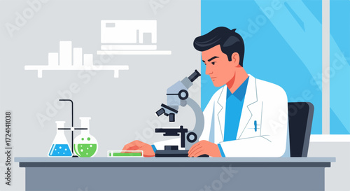 Scientist at work in laboratory with microscope, wearing lab coat. Scientist examines samples and conducts research. Modern scientist is doing experiment in lab, developing new medicines.
