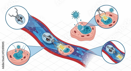Microscopic robots for medicine. Nanotechnology for medicine, showcasing drug delivery, targeting specific cells and tissues for treatment, and potential for targeted therapy.