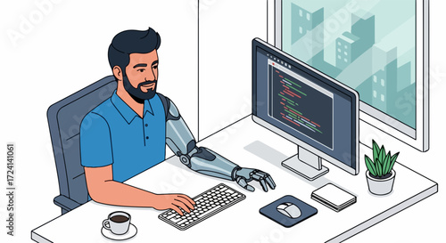 Artificial intelligence expert working with computer, coding, and coffee. Artificial intelligence expert with robotic arm is depicted sitting at his desk working on code,