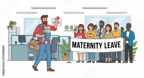 Maternity leave for new dad shown in office with team holding banner. Maternity leave shows celebration of family, coworker with baby and diaper bag waving farewell in office.
