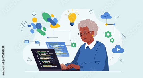 Elderly woman coding, senior woman coding using laptop, and writing programs for various projects, showcasing technology and learning. Senior woman coding also promotes lifelong learning,