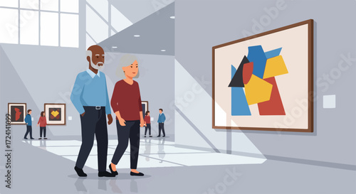 Art gallery visit with senior couple admiring large abstract art piece on display. Art gallery visit includes elderly man and woman strolling through museum and enjoying modern artwork.