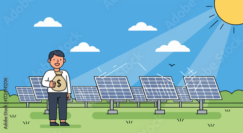 Renewable energy concept features happy man holding money bag in front of solar panel array. Renewable energy solution illustrates financial benefits and clean energy production.