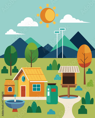 A small village in a developing country has been provided with solarpowered public s improving sanitation and hygiene for locals while also introducing them to renewable energy.. Vector illustration