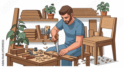 Focused woodworker carving wood with sharp chisel, creating art in workshop. Woodworker shapes timber with great care, woodworker crafting in cozy space filled with tools and plants.