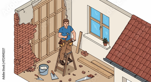 Home renovation in progress showing worker on ladder doing construction. Home renovation depicts tradesman fixing brick wall near unfinished plaster, using hammer and planks.
