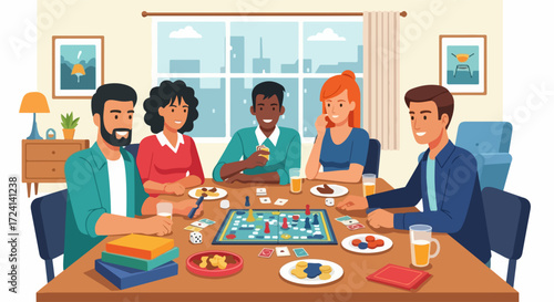 Group playing board game at home, everyone smiling around wooden table. Group playing board game together while drinking refreshments, enjoying leisure time and fun activities.