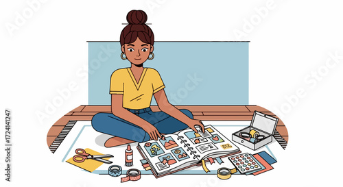 Scrapbook creation with tools laid out, crafting handmade photo album. Woman is working on scrapbook project, creating personalized scrapbook to preserve her memories.
