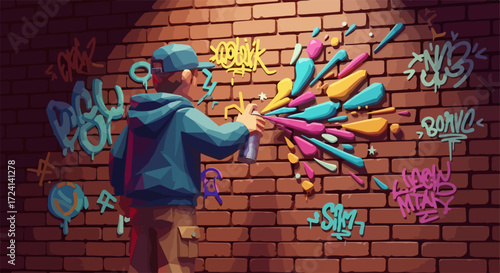 Graffiti artist at work on brick wall creating graffiti art with spray paint. Graffiti art with different bright colors and street style. Graffiti art is modern and trendy art,