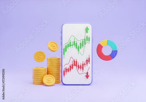 Mobile app displays stock market candlestick chart with coins and pie chart