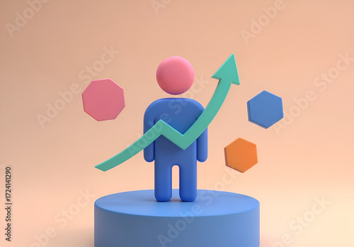 3d character stands tall with upward growth arrow symbolizing success and progress