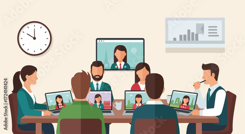 Team meeting at table for virtual meeting, people collaborating on computer screens in conference. Team meeting for business collaboration,