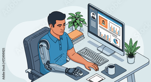 Robotic arm on desk illustration, man is working at computer with robotic arm, ergonomic workspace. Robotic arm user is utilizing bionic limb, digital transformation in work setting.