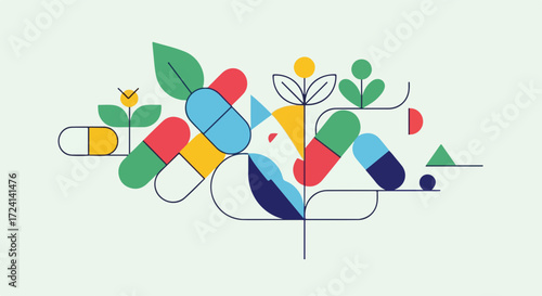 Medicinal capsule pattern against soft green background, showing pharmaceutical pills and plant elements. Medicinal capsule graphic with geometric shapes shows science of healthcare and wellness.