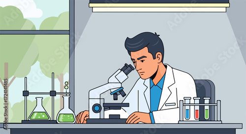 Science lab with scientist analyzing samples in Erlenmeyer flask under microscope. Science lab for scientific research, including flask and test tube.