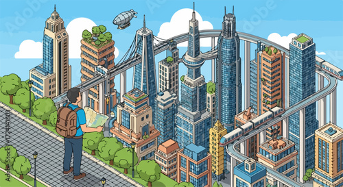 Exploring futuristic cityscape, traveler consults map amidst towering skyscrapers and innovative architecture. Futuristic cityscape boasts elevated train lines and lush green spaces,