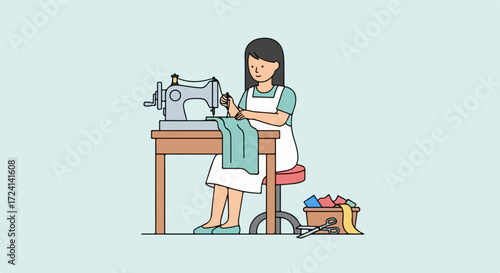 Seamstress at work with sewing machine working on fabric. Seamstress busy at work using antique machine and sewing material. Conceptual seamstress career for professional clothing production.