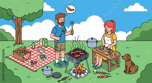 Family barbecue in summer on nature with sausages, outdoor picnic. Family barbecue includes dad cooking meat and mom preparing vegetable skewers, dog sitting next to table, having good time.