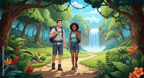 Couple hiking as they traverse path surrounded by vibrant nature. Couple hiking while trekking towards distant waterfall, exploring lush landscape filled with tropical plants.