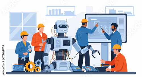 Artificial intelligence in engineering shown with diverse engineering team working on robot. Team discusses artificial intelligence, planning and building it in industrial workshop.