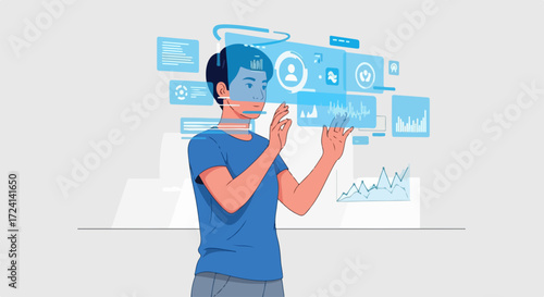Emerging technology with futuristic user interface, displayed by person analyzing interactive display. Technology of futuristic interface allows access to digital services, advanced analysis,
