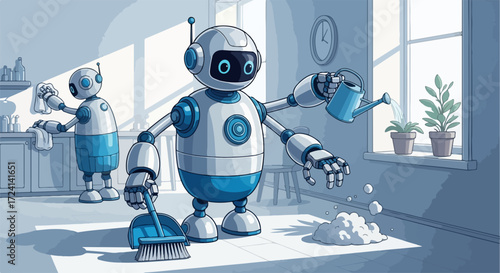 Robot cleaning home, sweeping floor, watering plant in bright room, second unit wiping counter. Automated domestic helper showcases robot cleaning home efficiency, smart living.