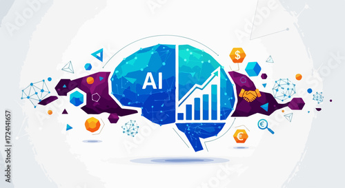 Stylized brain graphic depicting AI business, merging artificial intelligence network with financial growth chart. AI business visualization includes data analysis, digital elements, business icons.