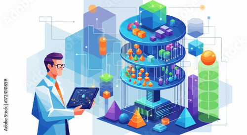 Scientist performing data analysis with tablet, interacting complex abstract system. Visual data analysis displays geometric shapes, organized layers, conceptual framework.