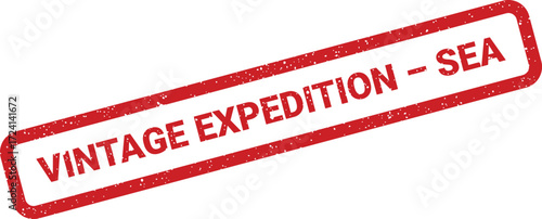 A red vintage expedition stamp shows a nautical sea theme