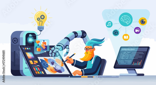 Artist creating AI digital art, designing illustrations on graphic tablet with robotic arm assistance. Innovative AI digital art combines human imagination, advanced algorithms,