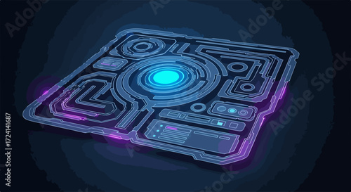 Glowing blue digital interface, intricate circuit patterns dark background. Futuristic digital interface design showcases data flow, nodes, vibrant purple, blue lights.