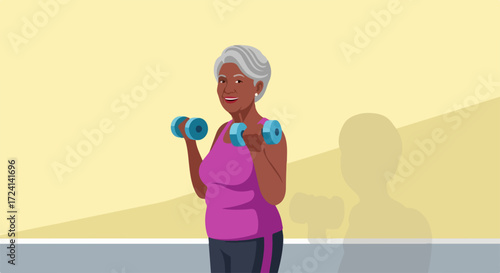 Senior fitness routine with dumbbells and workout, senior fitness is a great way to stay in shape. This senior woman lifts dumbbells and makes fitness exercise.