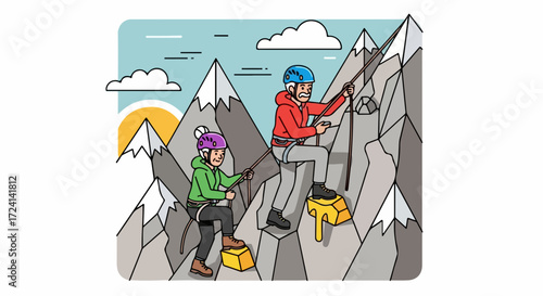 Mountain climbing experience for two individuals ascending a rugged, snow capped peak. Challenging mountain climbing activity involves safety gear, ropes, and helmets.