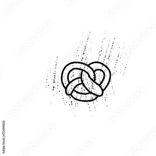 A hand-drawn illustration of a traditional pretzel is displayed on a plain white background. The artwork captures the pretzel's distinctive twists and texture beautifully.