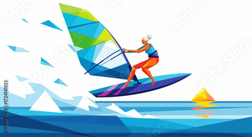 Dynamic Windsurfing sport illustration, active woman on surfboard gliding across ocean waves. Abstract geometric Windsurfing sport design portrays speed, energy of extreme water activity.