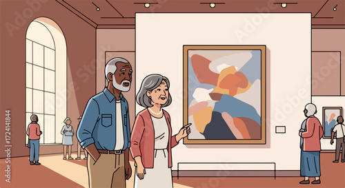 Senior couple viewing abstract painting in art gallery, enjoying cultural experience. Diverse people exploring modern art gallery exhibition, appreciating colorful artwork.